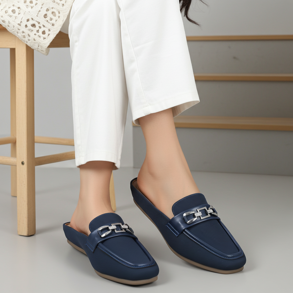 Navy Blue Loafer Mules - 8004332