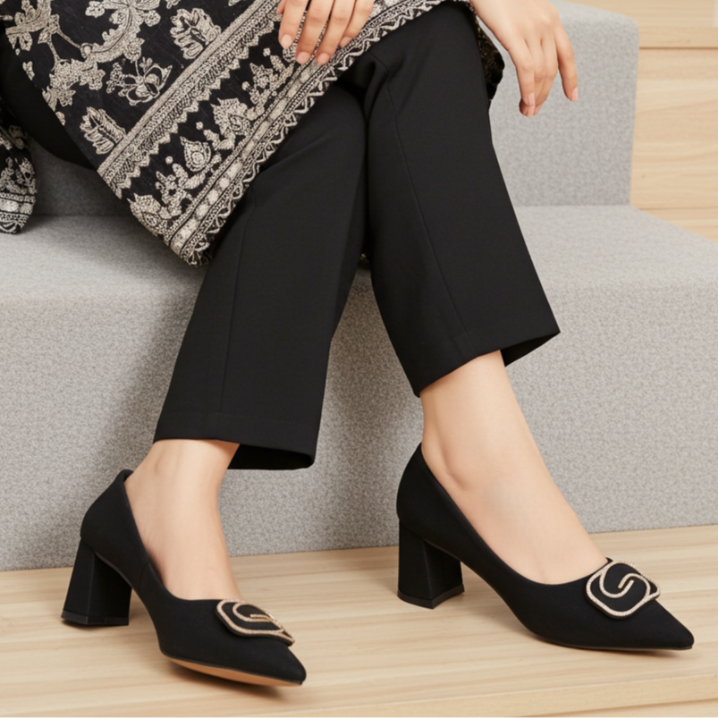 Black Court Shoes with Diamante Buckle - 8108178