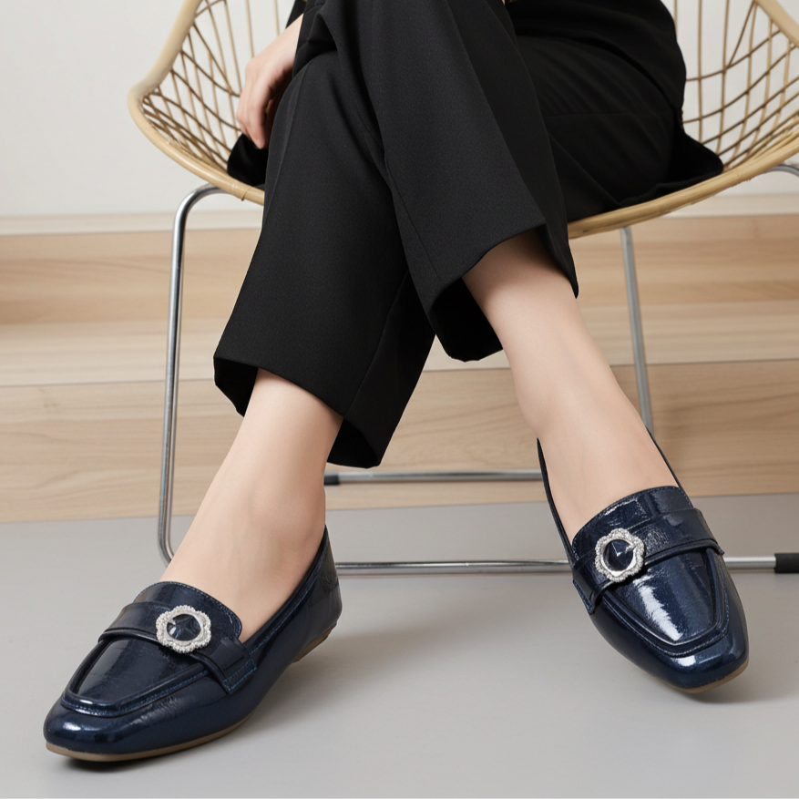 Navy Metallic Loafer Flats  For Women's  8004415