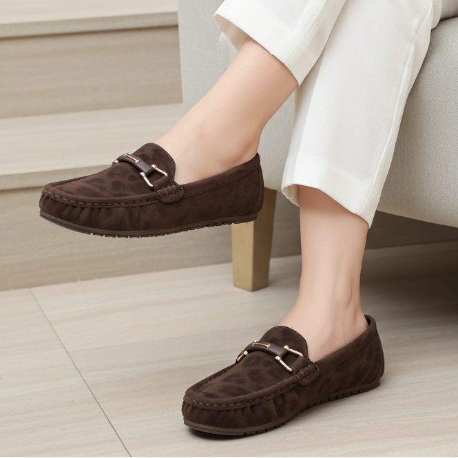 Classic Brown Textured Loafers with Buckle 8004343 Coffee