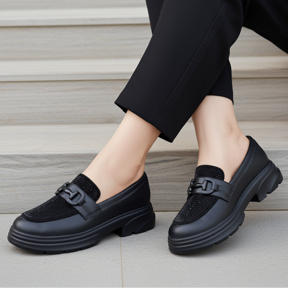 Rhinestone Platform Loafers - Women's Chunky Lug Sole 8004424 Black