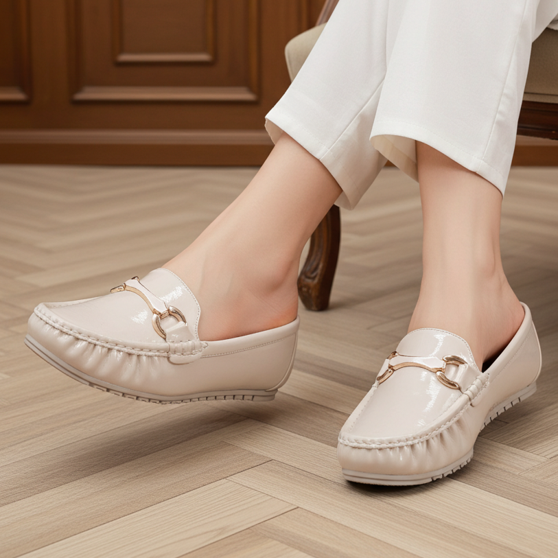 Chic Cream Patent Loafers with Gold Buckle 8004352 Fawn