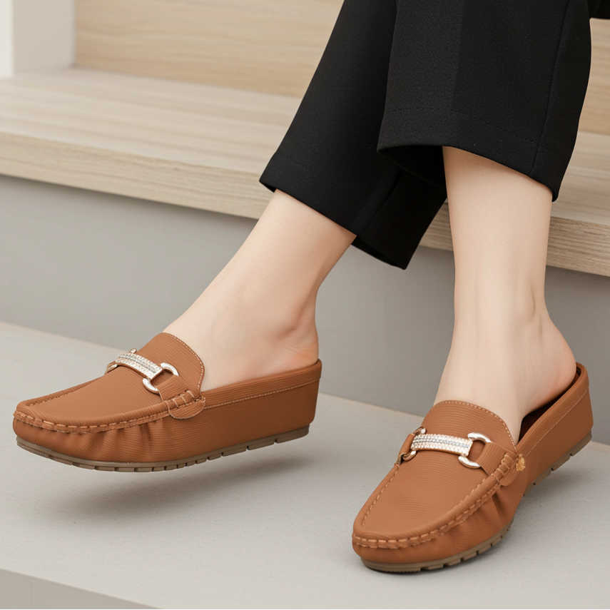 Chic Tan Loafer Mules with Crystal Buckle 8007224 Tan
