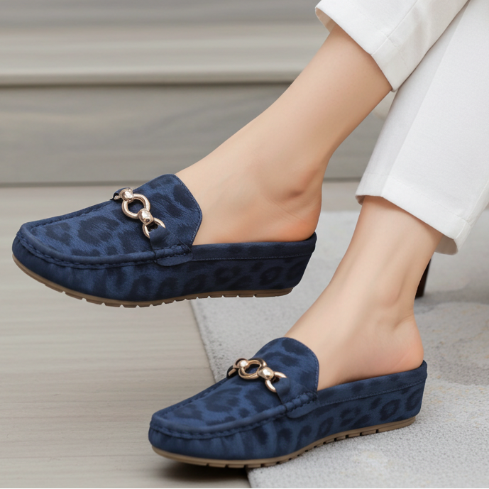 Chic Navy Leopard Print Loafer Mules 8007219 Navy