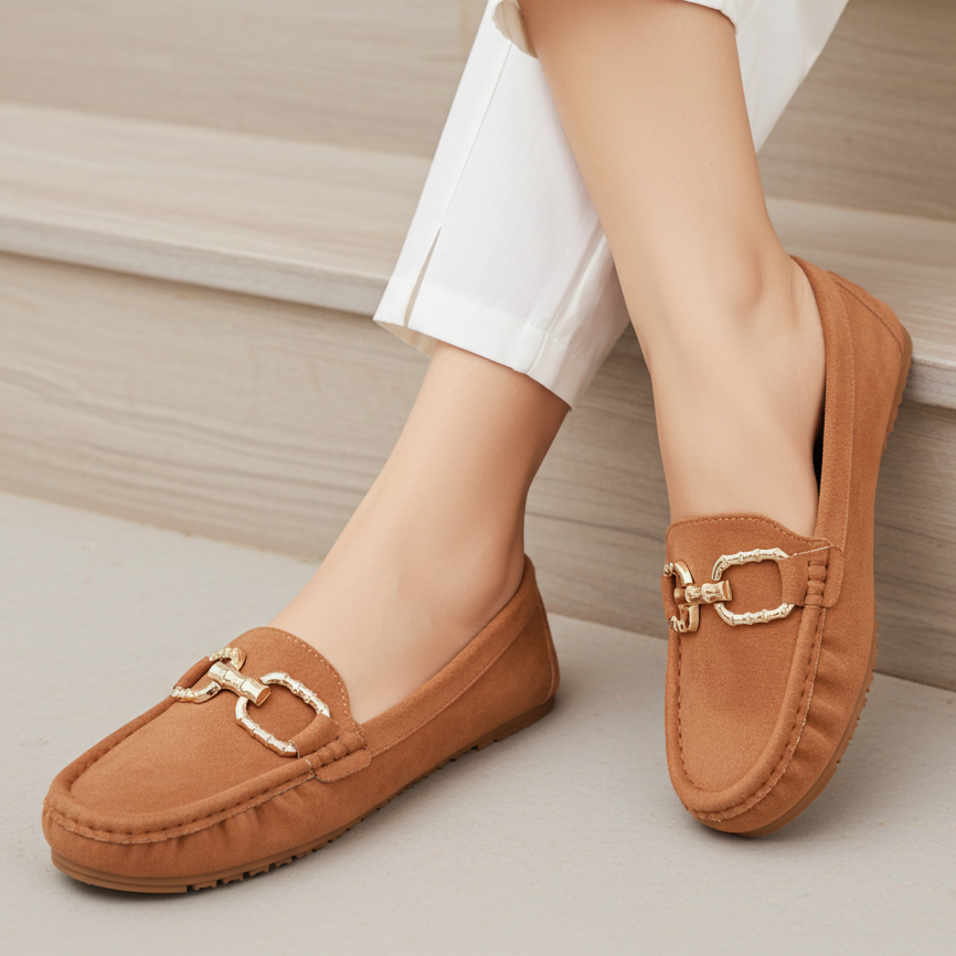 Classic Tan Suede Loafers with Gold Buckle 8004346 Tan