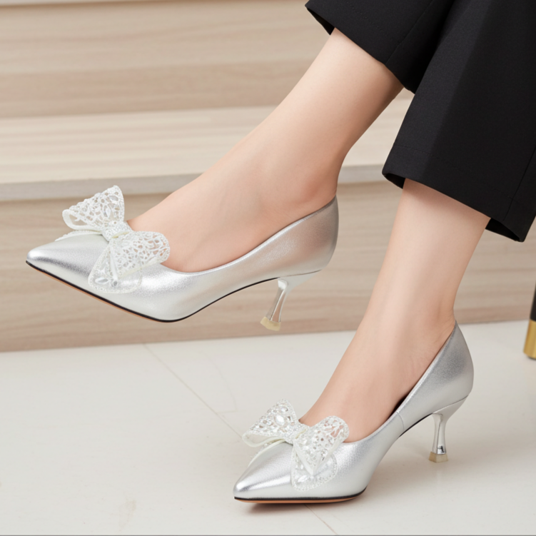 Silver Embellished Kitten Heels - 8108161
