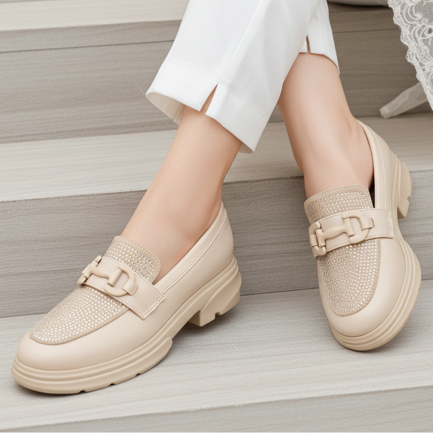 Platform Loafers Women's Rhinestone Chunky Footwear 8004424 Beige
