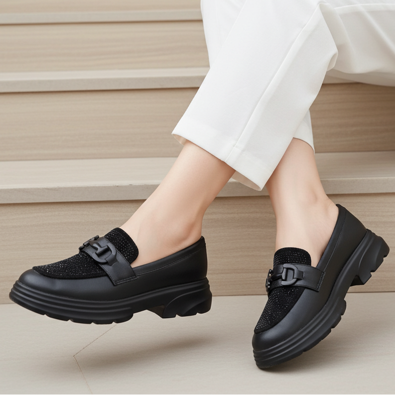 Rhinestone Platform Loafers - Women's Chunky Lug Sole 8004424 Black