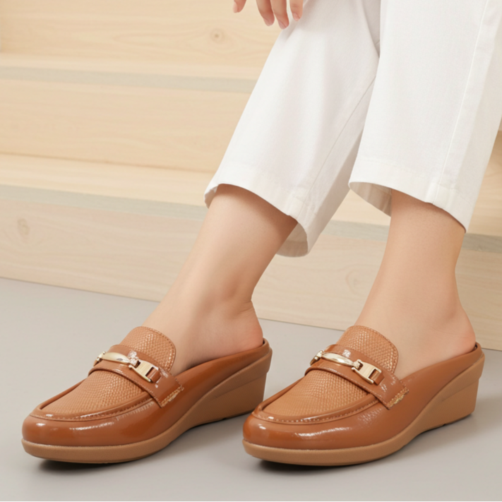 Tan Textured Wedge Half Shoes -8007237