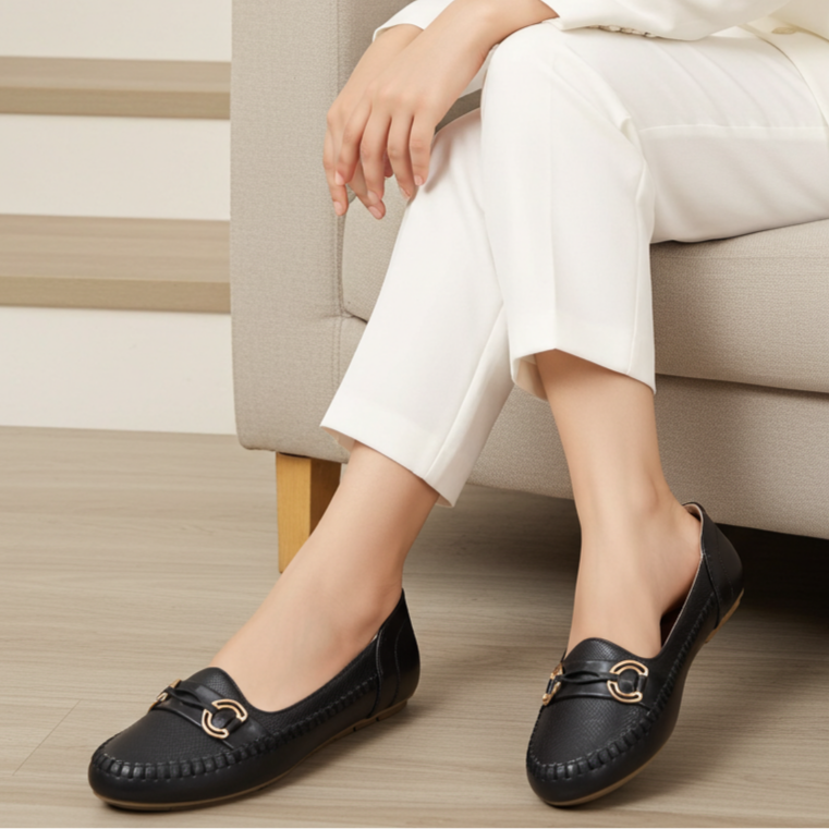 Black Women's Gold Buckle Shoes 8004379