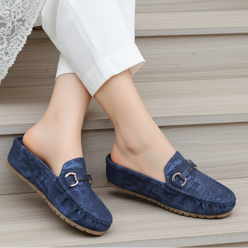 Chic Navy Blue Textured Loafer Mules 8007225 Navy