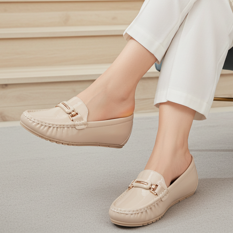 Patent Loafers Women's Slip-On Flat Footwear 8004357 Beige