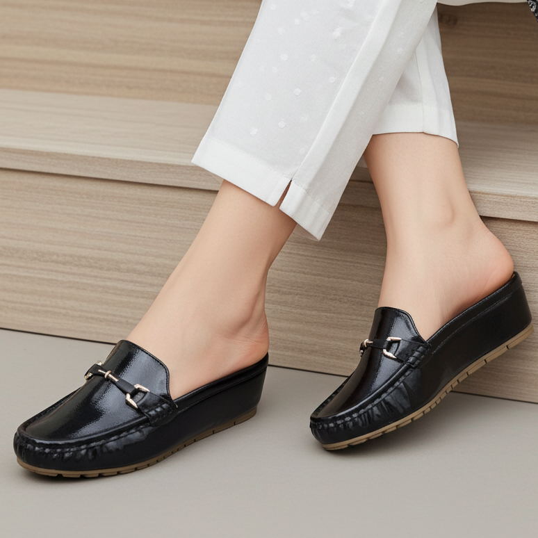 Patent Women's Comfortable Wedge Half Shoes 8007217 Black