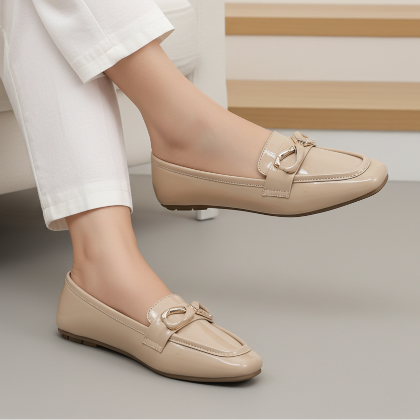 D Beige Patent Loafer Flats For Women's 8004410