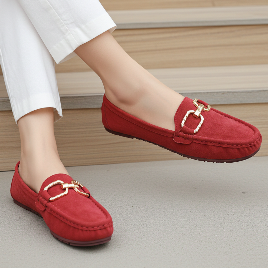 Classic Red Suede Loafers with Gold Buckle 8004346 Maroon