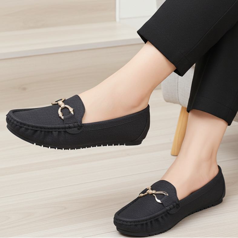 Chic Black Textured Loafers with Gold Buckle 8004347 Black