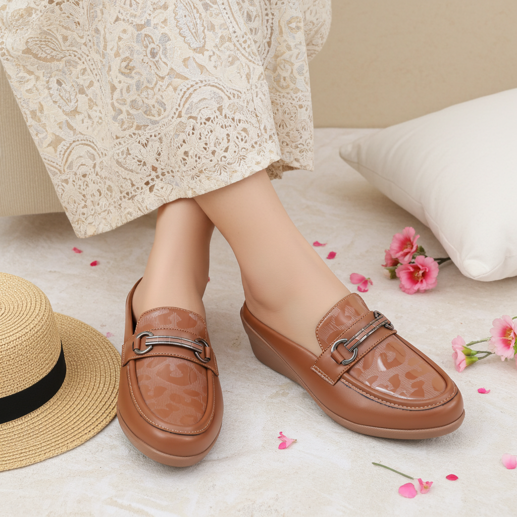 Coffee Textured Wedge Half Shoes - 8007239