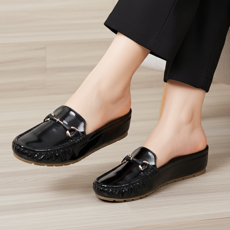 Patent Women's Comfortable Wedge Half Shoes 8007217 Black