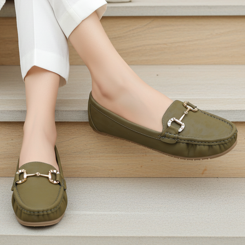 Classic Olive Green Loafers with Buckle Detail 8004350 GREEN