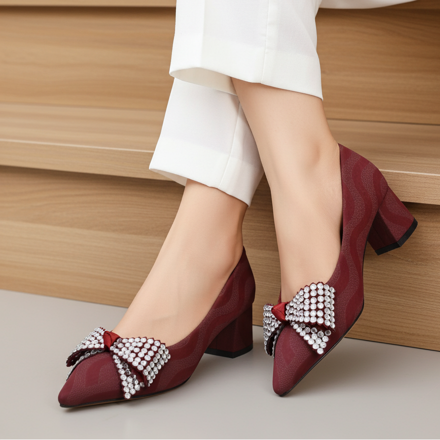 Block Heel Pumps Women's Crystal Bow Dress Shoes 8108173 Maroon