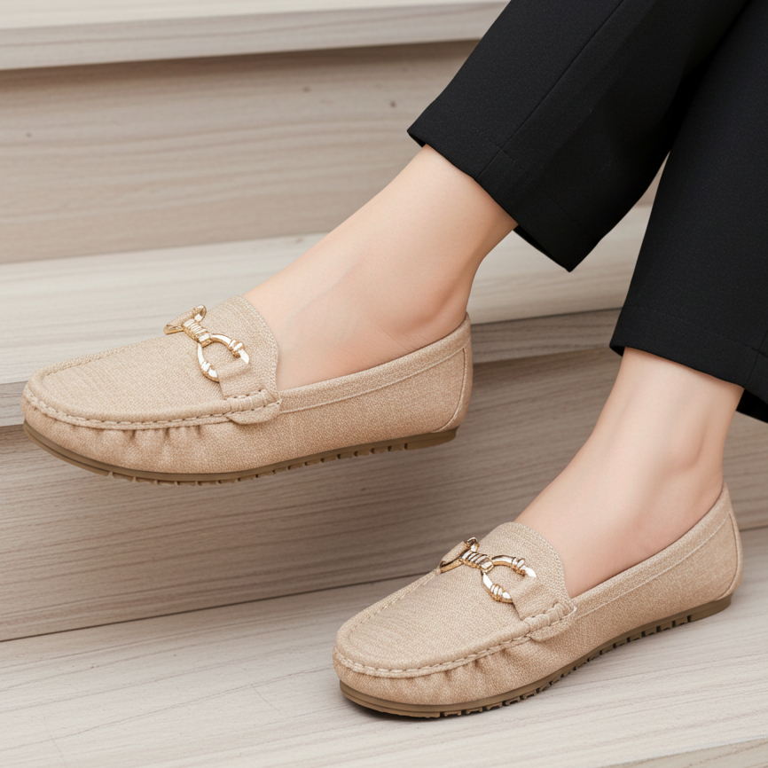 Textured Beige Loafers with Gold Buckle 8004347 Beige