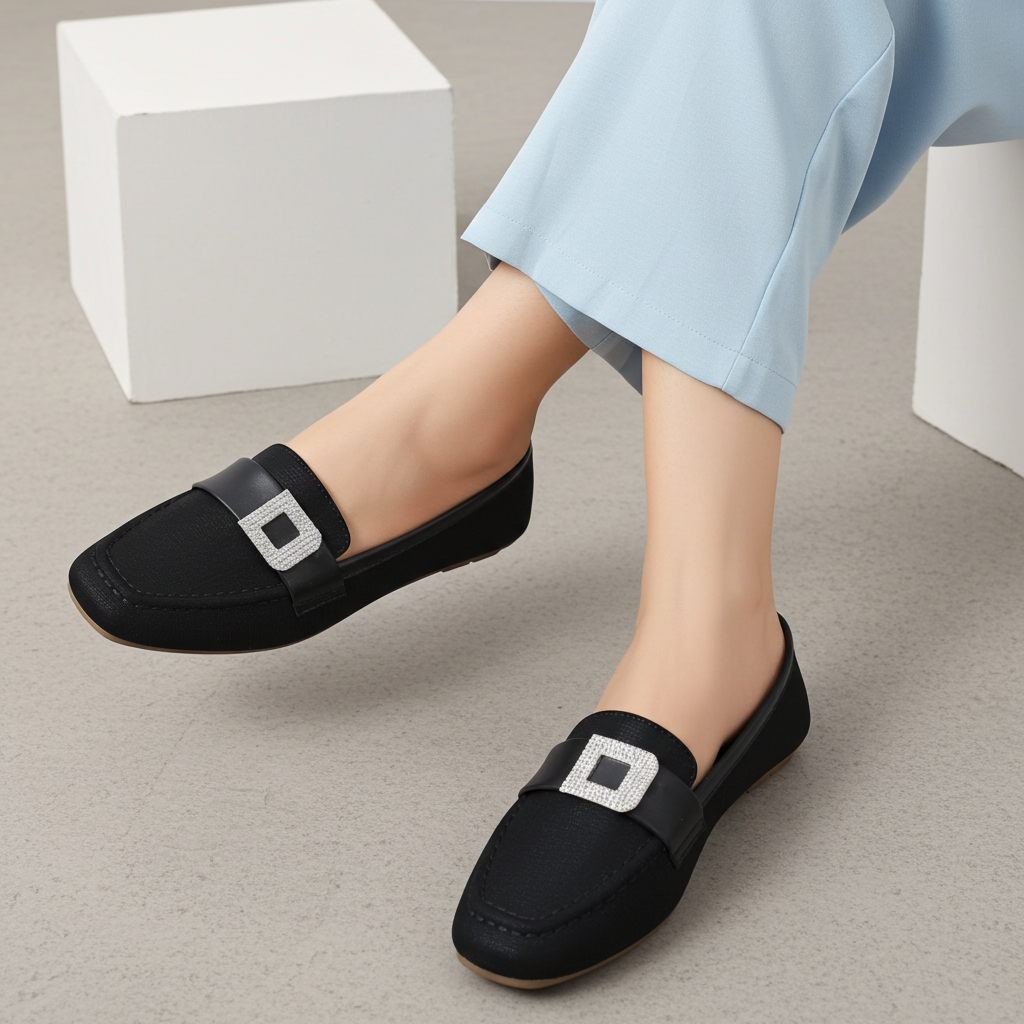 Black Ladies Moccasin Shoes - 8004414