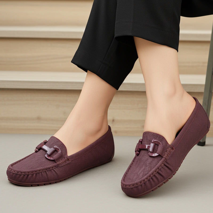 Moccasin Loafers - Women's Tonal Buckle Shoes 8004358 Maroon
