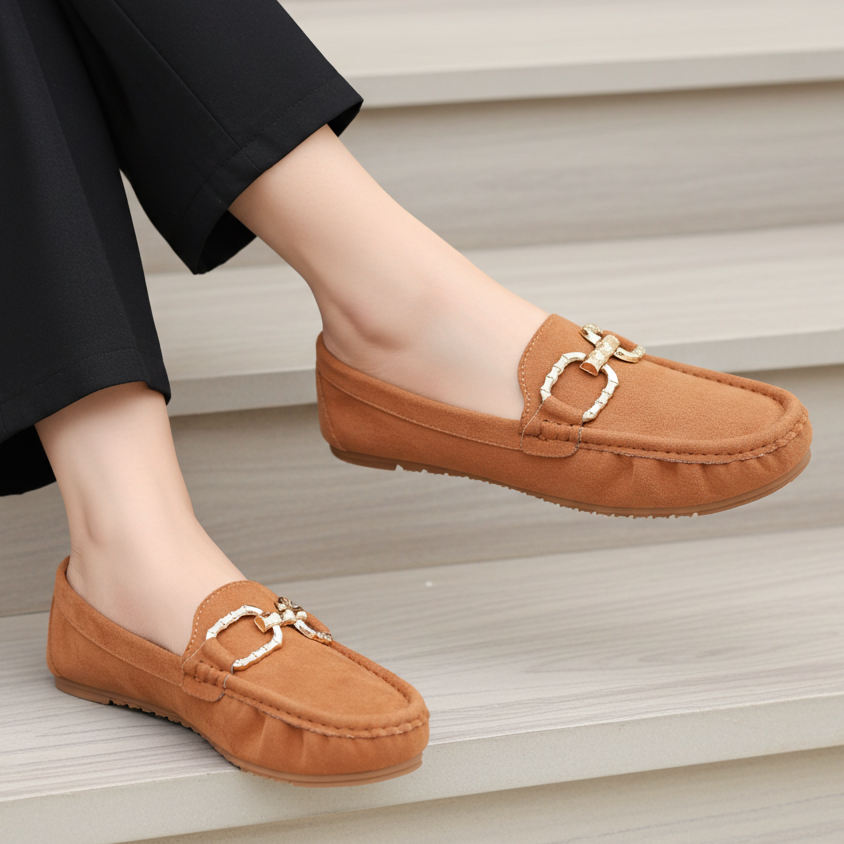 Classic Tan Suede Loafers with Gold Buckle 8004346 Tan
