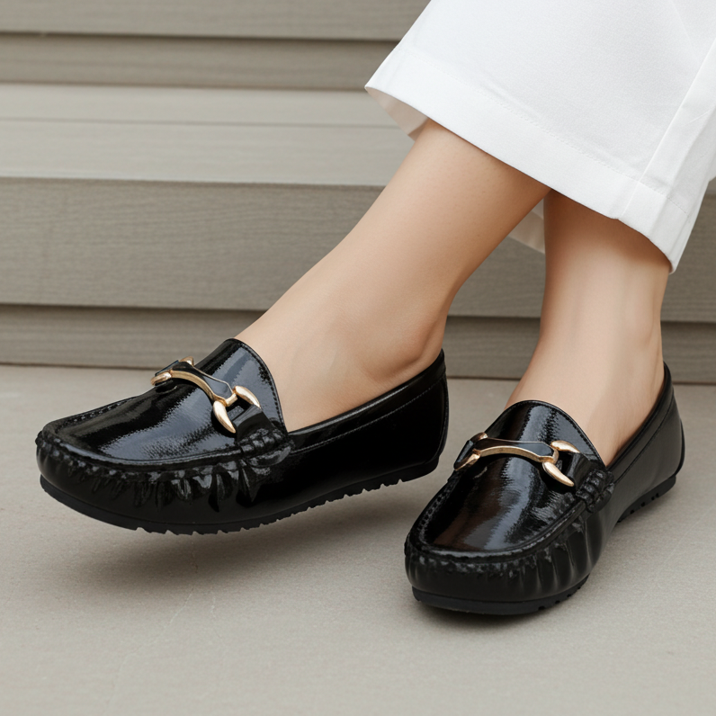 Classic Black Patent Loafers with Gold Buckle 8004352 Black
