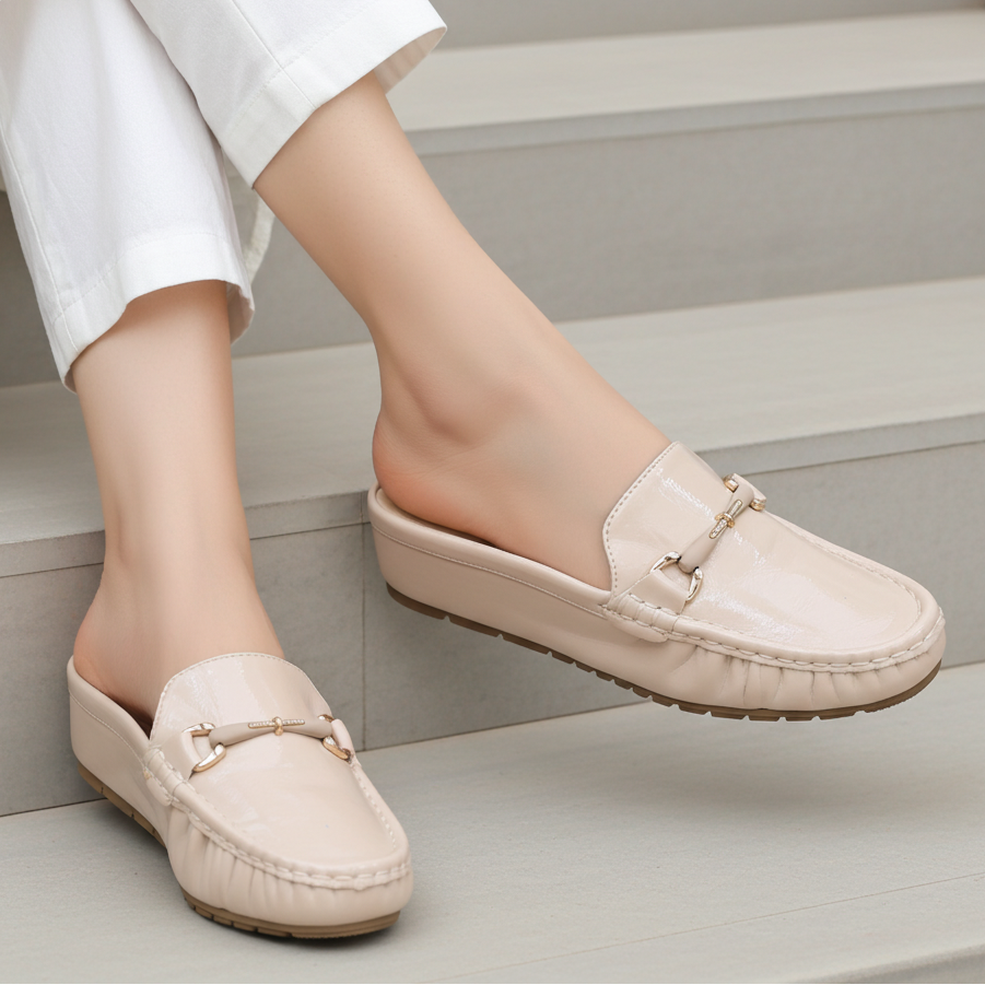Patent Loafer Mules Women's Wedge Half Shoes 8007217 Beige