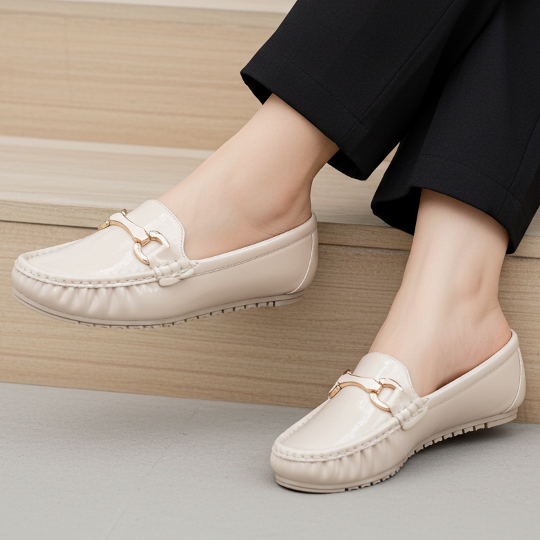Chic Cream Patent Loafers with Gold Buckle 8004352 Fawn