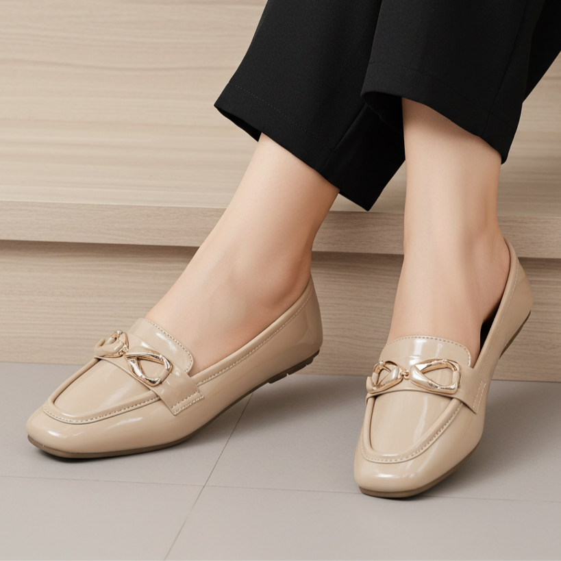 D Beige Patent Loafer Flats For Women's 8004410