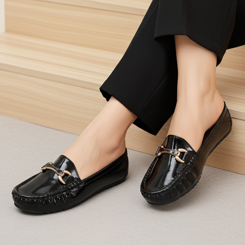 Classic Black Patent Loafers with Gold Buckle 8004352 Black