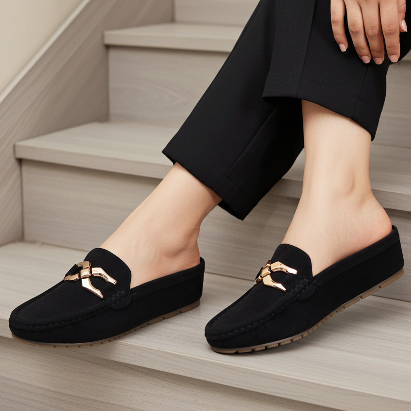 Chic Black Suede Loafer Half Mules 8007221 Black