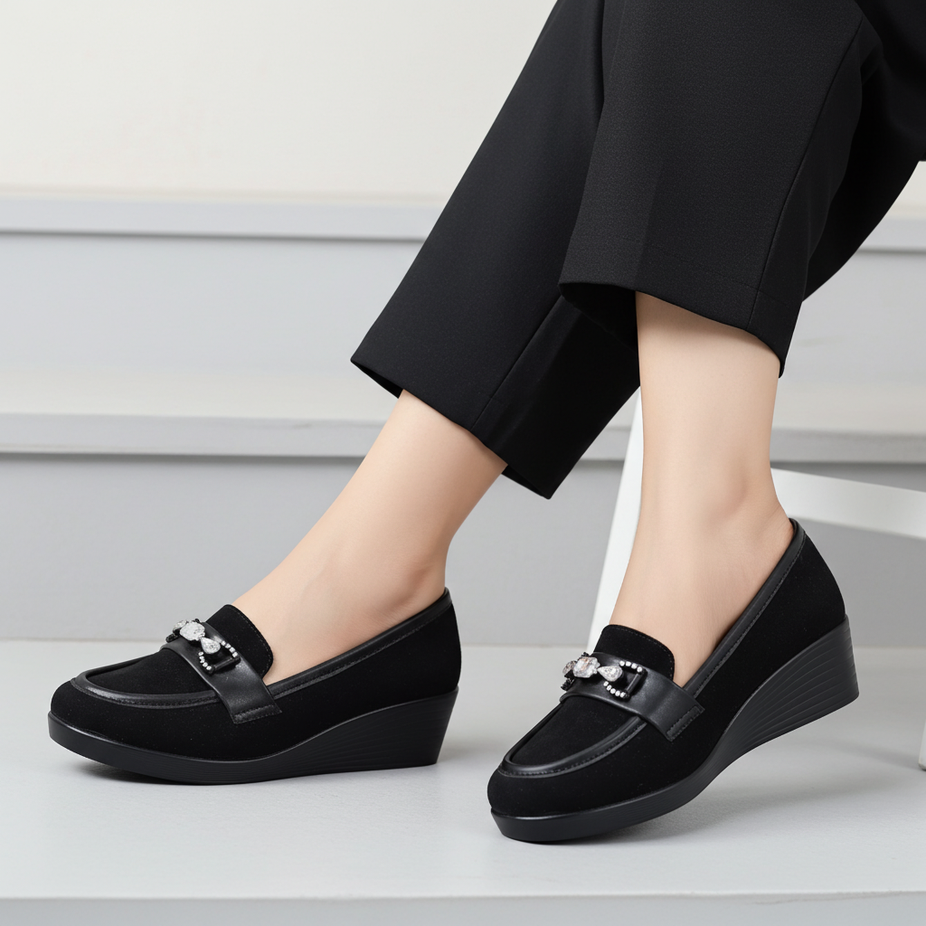 Black Suede Wedge Loafers For Women 8004383