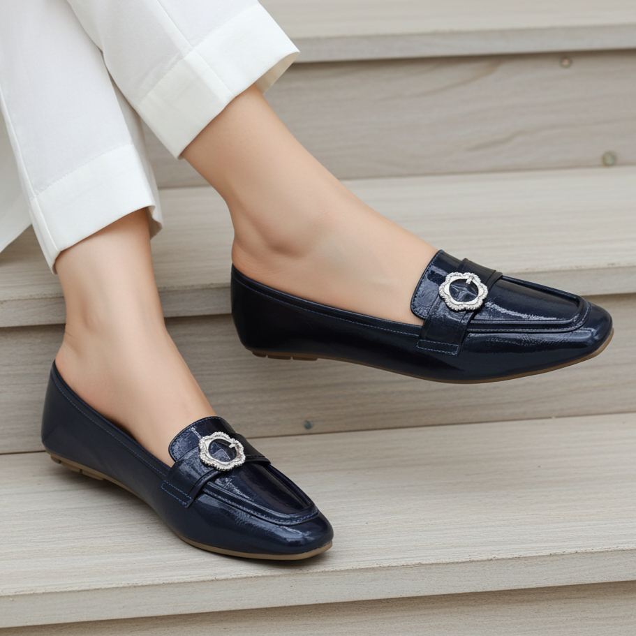 Navy Metallic Loafer Flats  For Women's  8004415