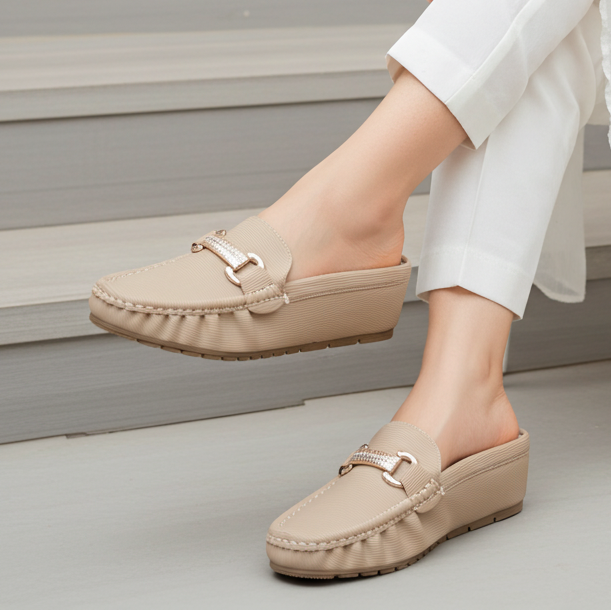 Chic Beige Textured Loafer Mules 8007224 Khaki