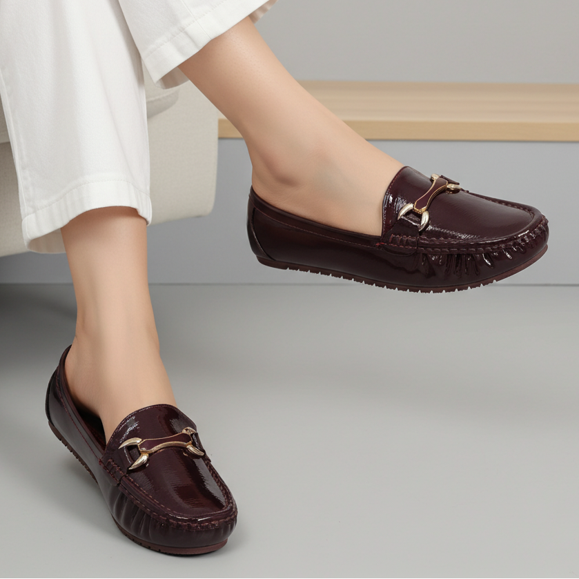 Chic Burgundy Patent Loafers with Gold Buckle 8004352 Maroon