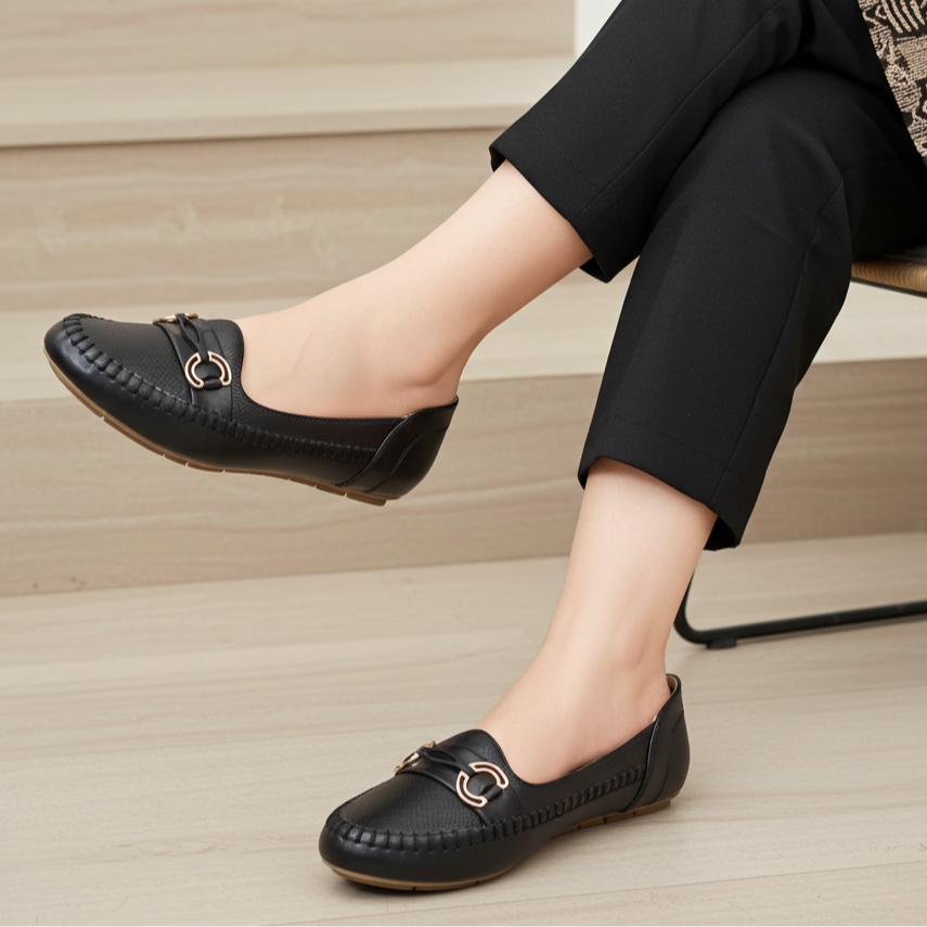 Black Women's Gold Buckle Shoes 8004379