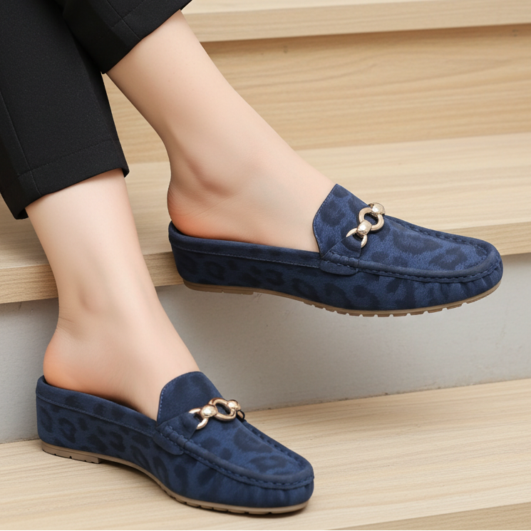 Chic Navy Leopard Print Loafer Mules 8007219 Navy