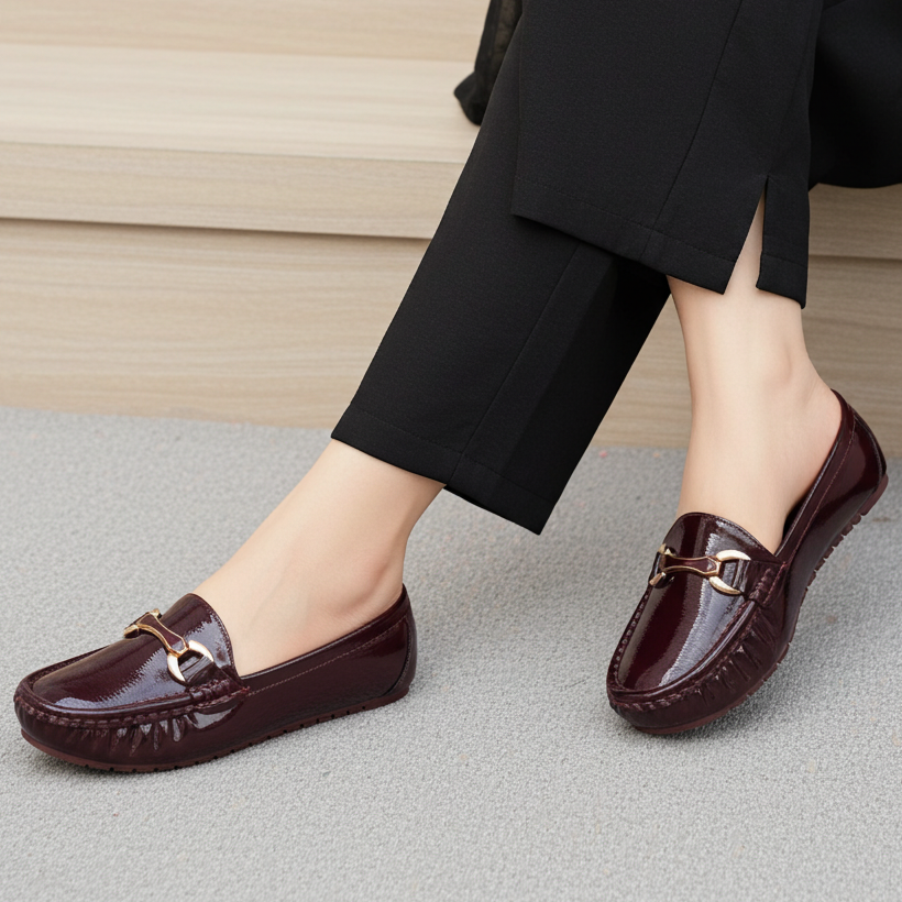 Chic Burgundy Patent Loafers with Gold Buckle 8004352 Maroon