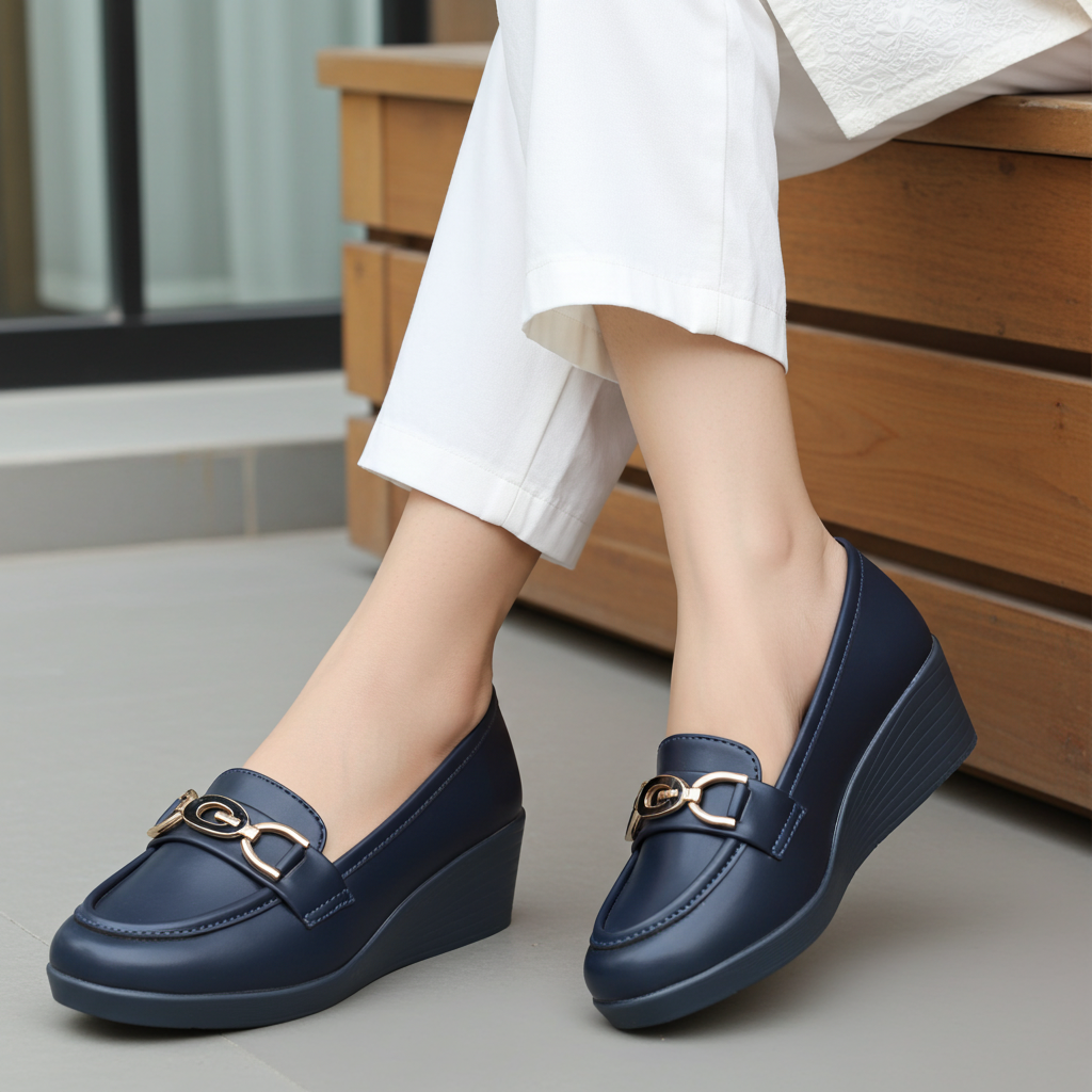 Navy Wedge Loafers - 8004386