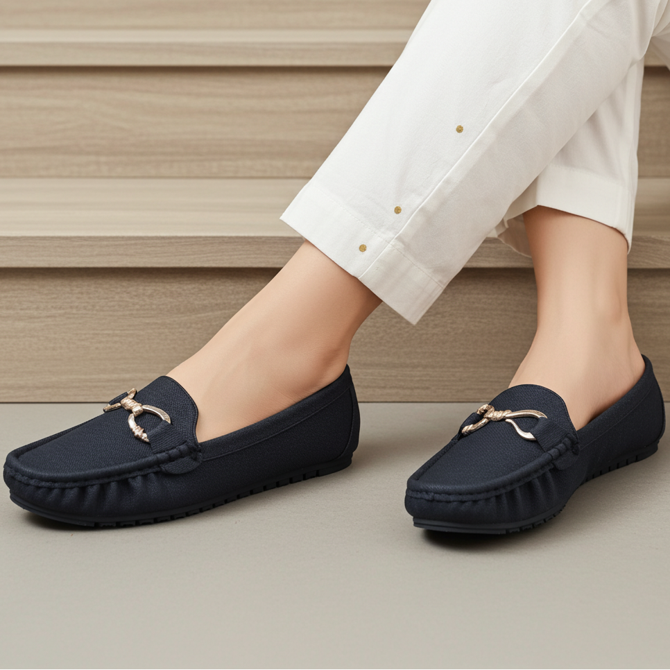 Chic Black Textured Loafers with Gold Buckle 8004347 Black