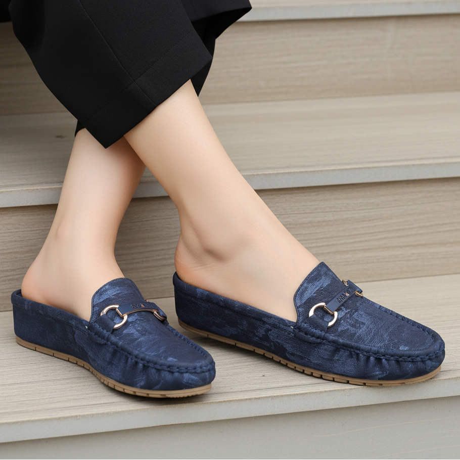 Chic Navy Blue Textured Loafer Mules 8007225 Navy
