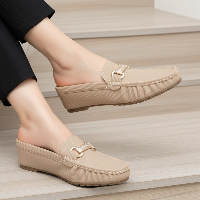 Chic Beige Textured Loafer Mules 8007224 Khaki