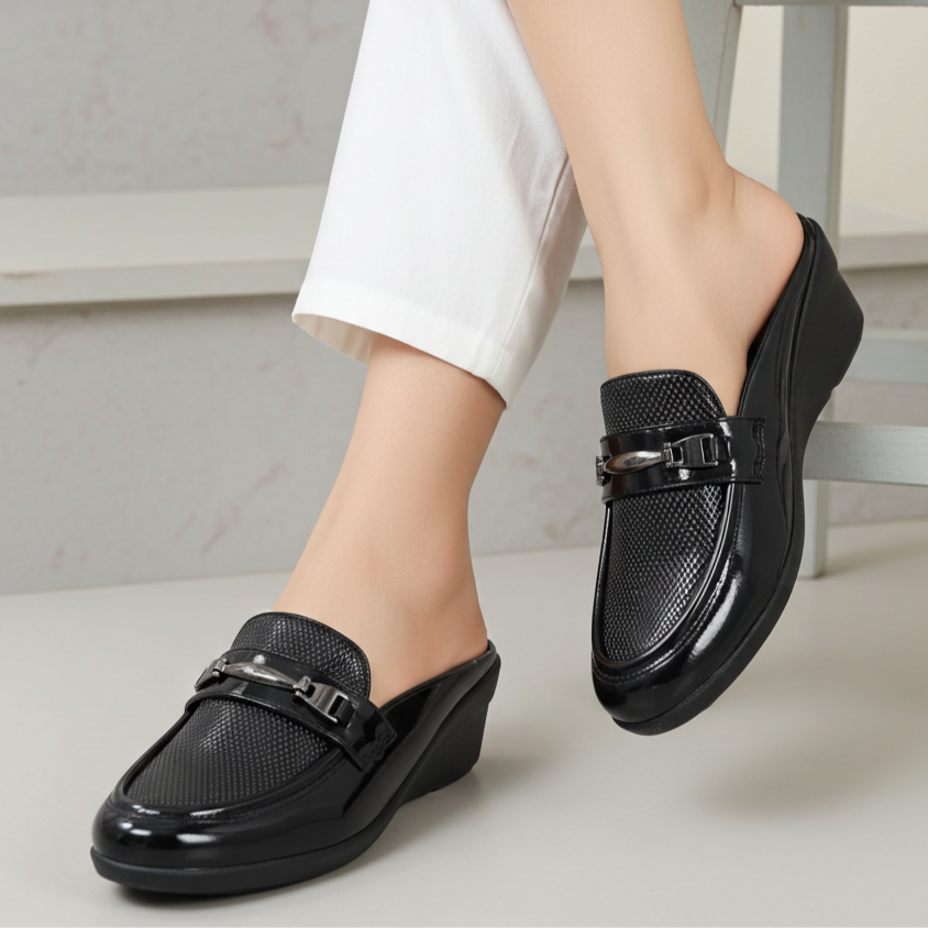 Black Textured Wedge Half Shoes - 8007237