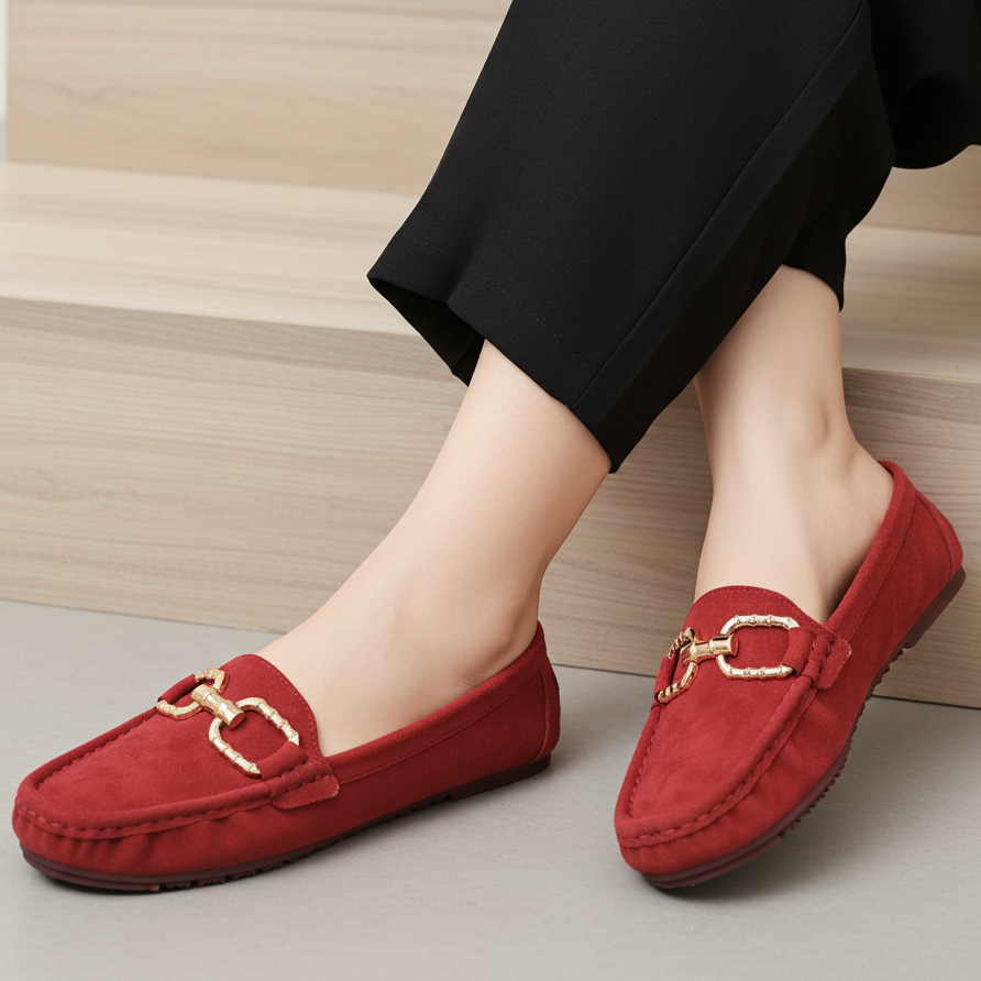 Classic Red Suede Loafers with Gold Buckle 8004346 Maroon