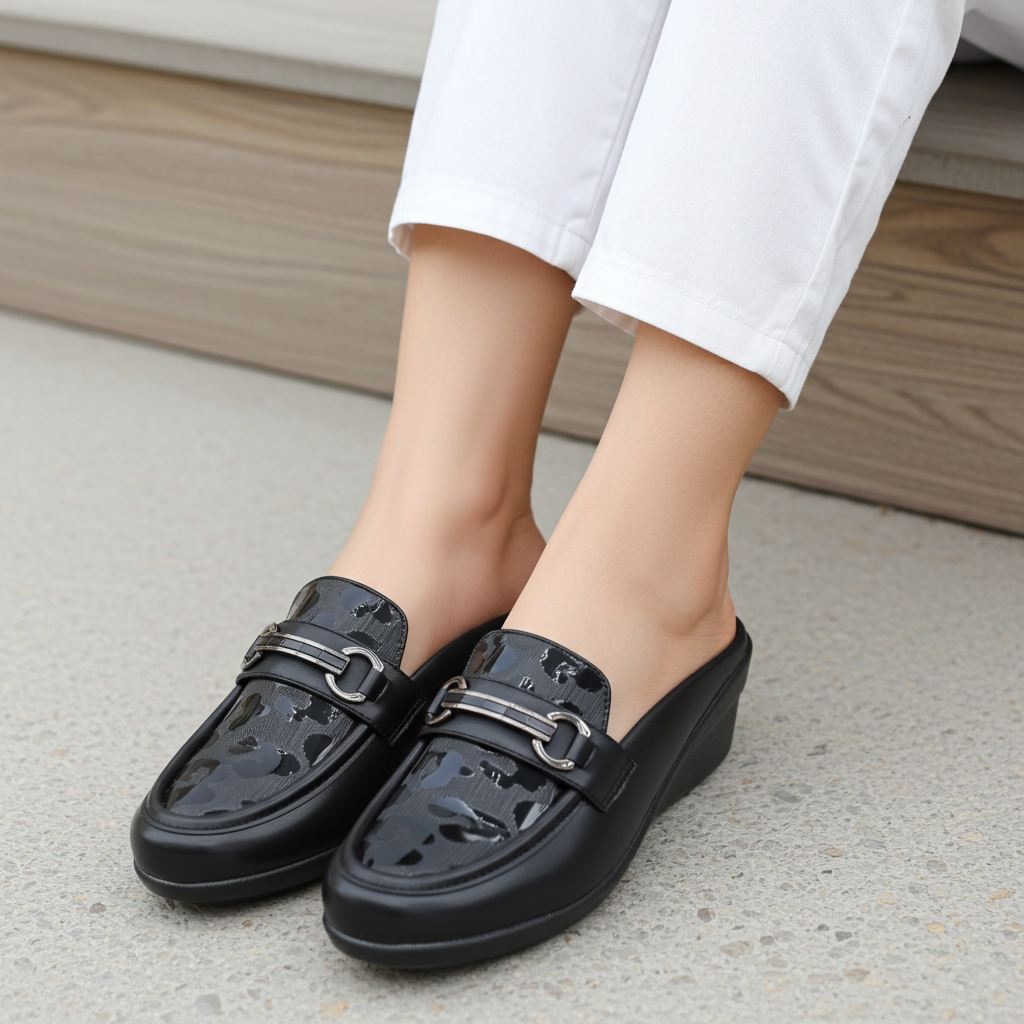 Black Leopard Wedge Half Shoes - 8007239