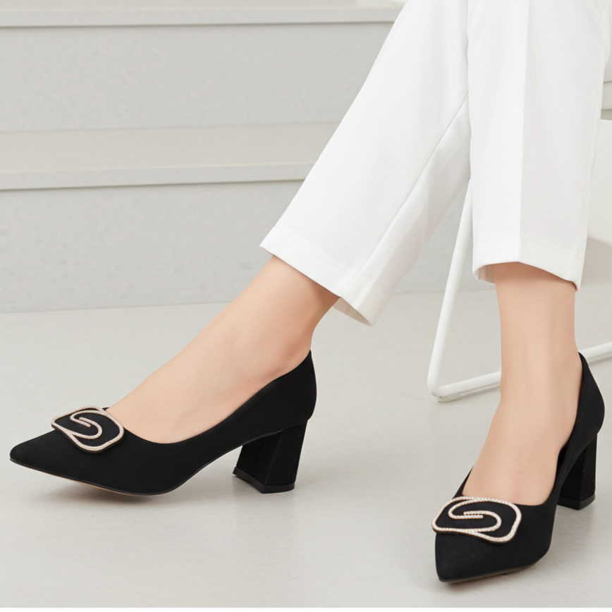 Black Court Shoes with Diamante Buckle - 8108178