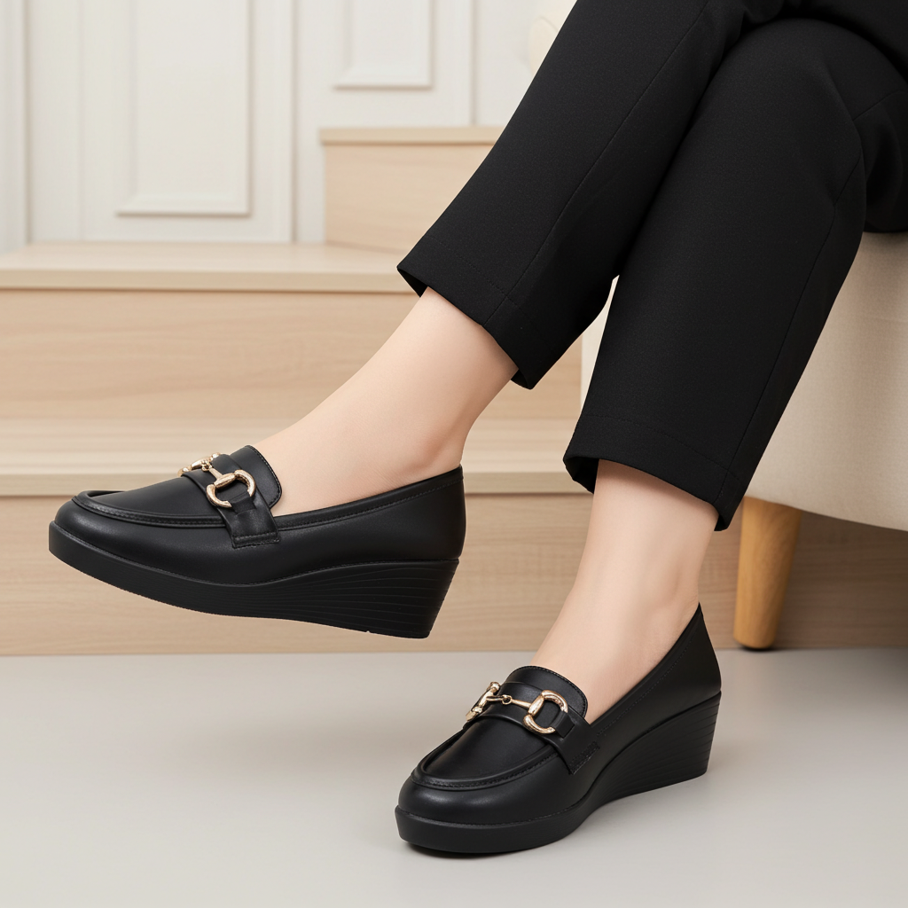 Black Women's Wedge Loafers  8004421